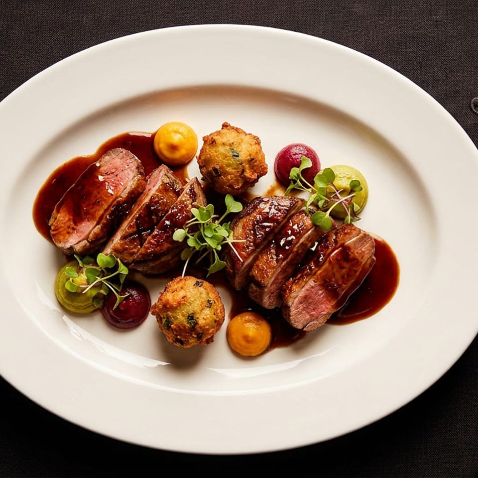 Sliced duck breast with sauce, croquettes, and colorful purees on a white plate.