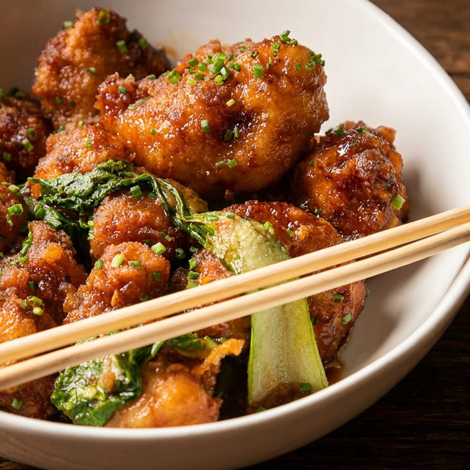 Crispy orange chicken with green onions and bok choy in a white bowl with chopsticks.
