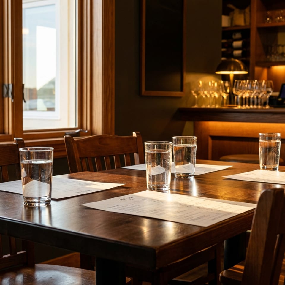 Restaurant dining room with wooden tables, chairs, and a bar, featuring large windows overlooking water.
