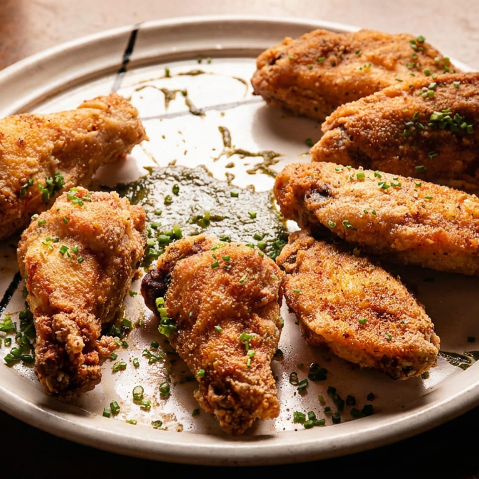 Crispy fried chicken wings and drumsticks garnished with chives on a white plate with green sauce.