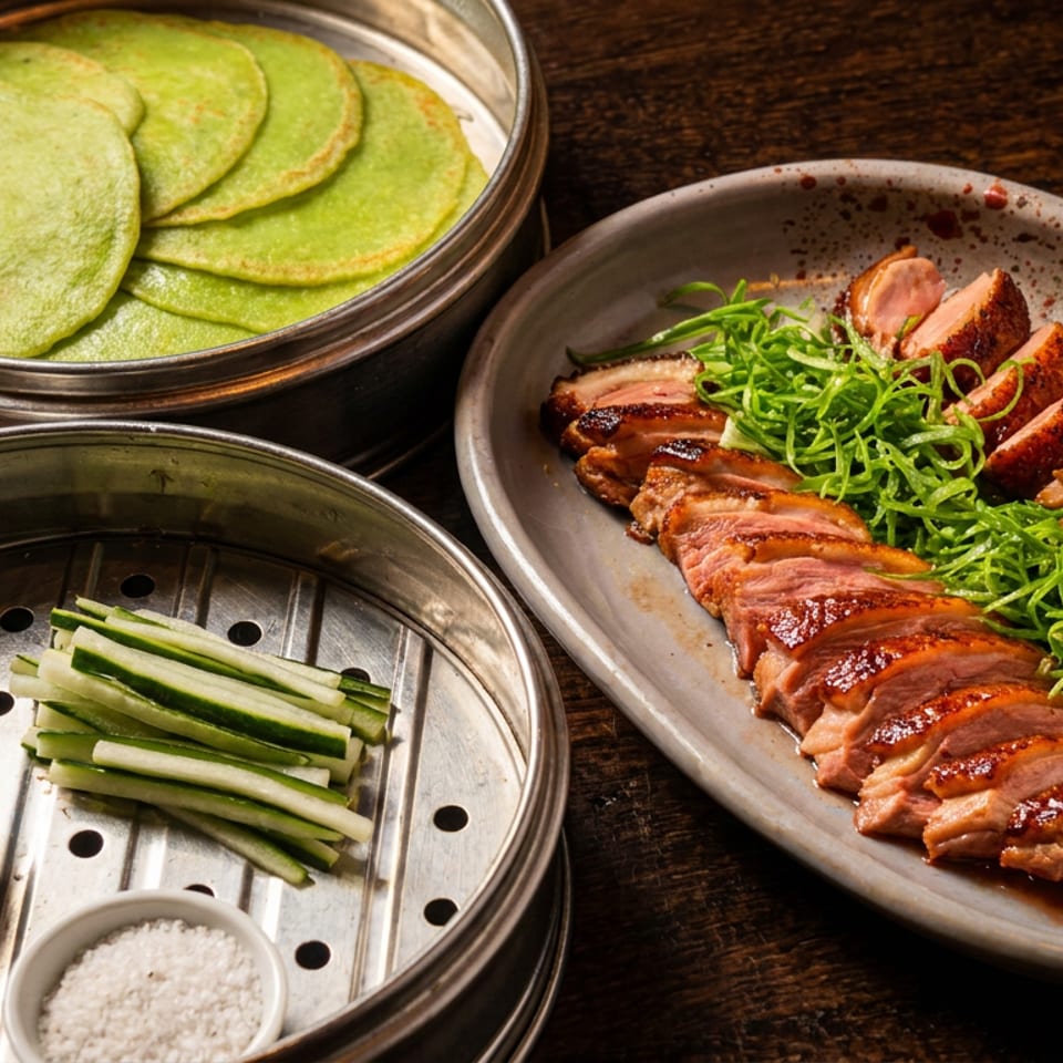 Peking duck with green pancakes, sliced cucumbers, sauce, and salt on a wooden table.