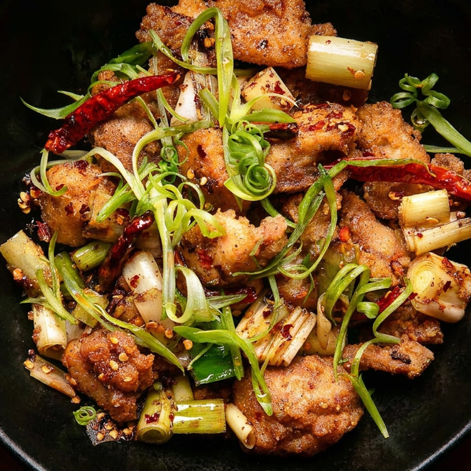 Crispy fried chicken pieces with green onions, red chilies, and spices in a black bowl.