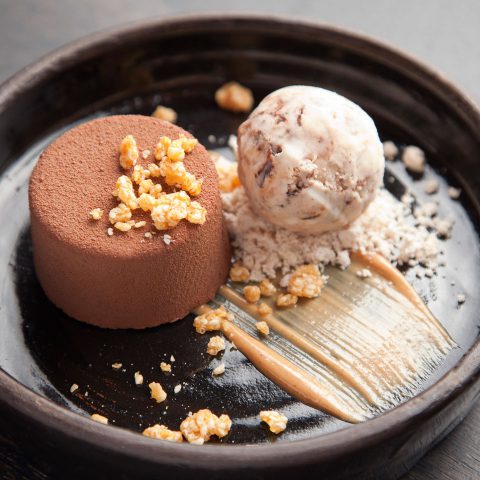 Chocolate & Peanut Butter with liquid peanut butter, chocolate mousse, white sesame sponge and white sesame brittle at DanDan in Milwaukee, Wisconsin. Photo by Kevin J. Miyazaki/PLATE