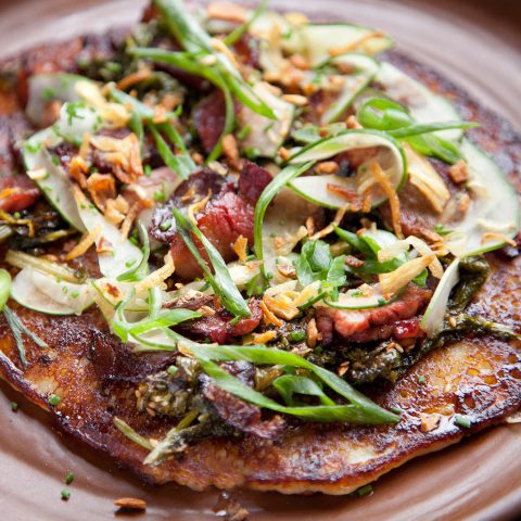 Char Siu Pork Pancake with scallion, pickled cucmbers, mustards, soy and chili oil at DanDan in Milwaukee, Wisconsin. Photo by Kevin J. Miyazaki/PLATE